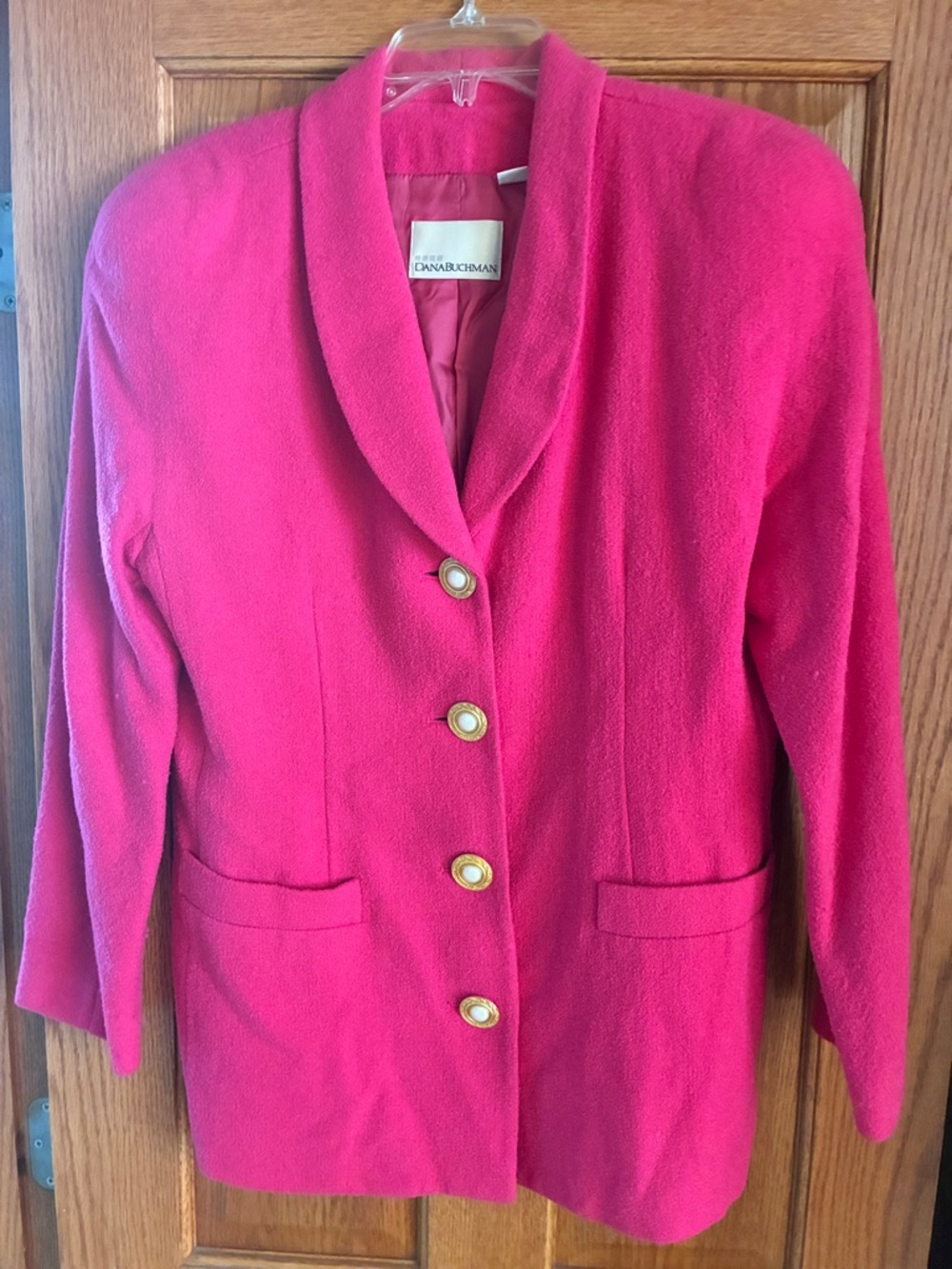 Dana Buchman Hot Pink Shawl Collar Blazer with Gold Buttons